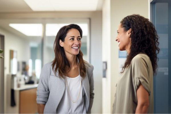 Afbeelding van twee zorgprofessionals die in gesprek zijn met elkaar